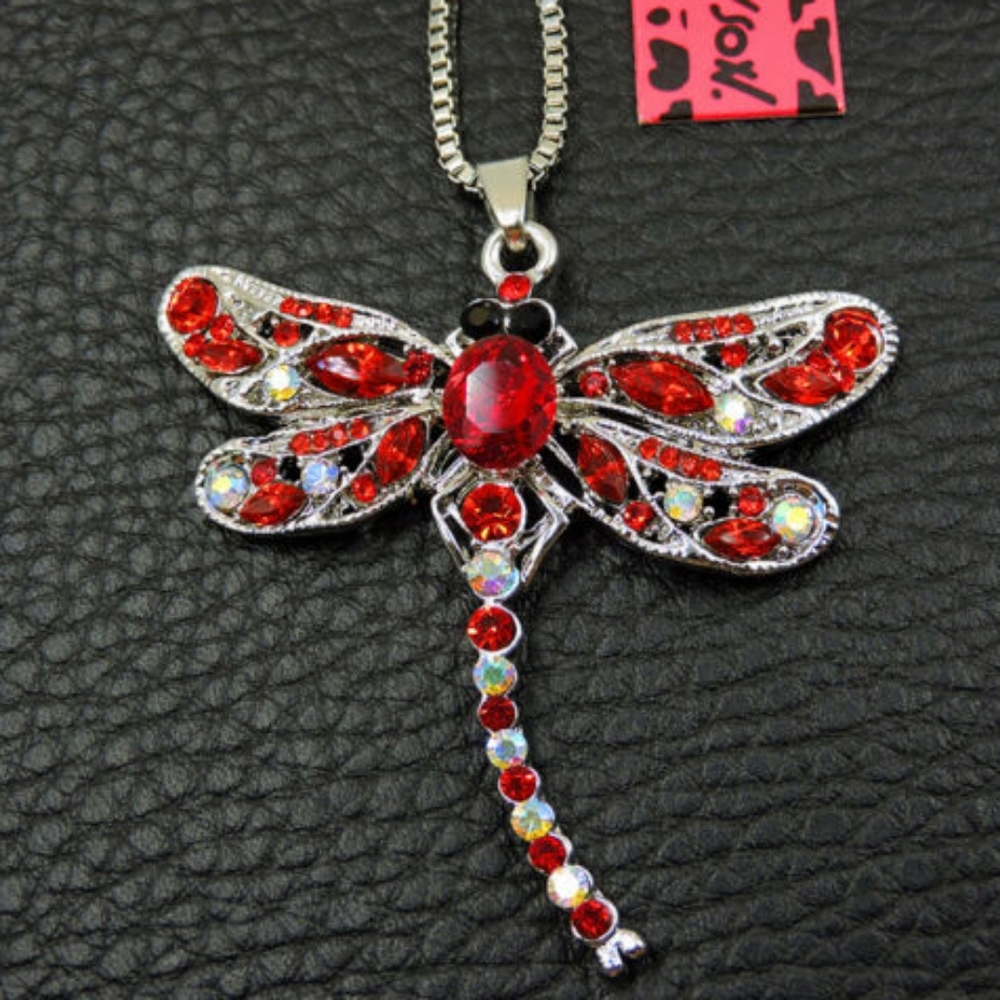 Dragonfly Pendant Chain Neclace Silver Tone red